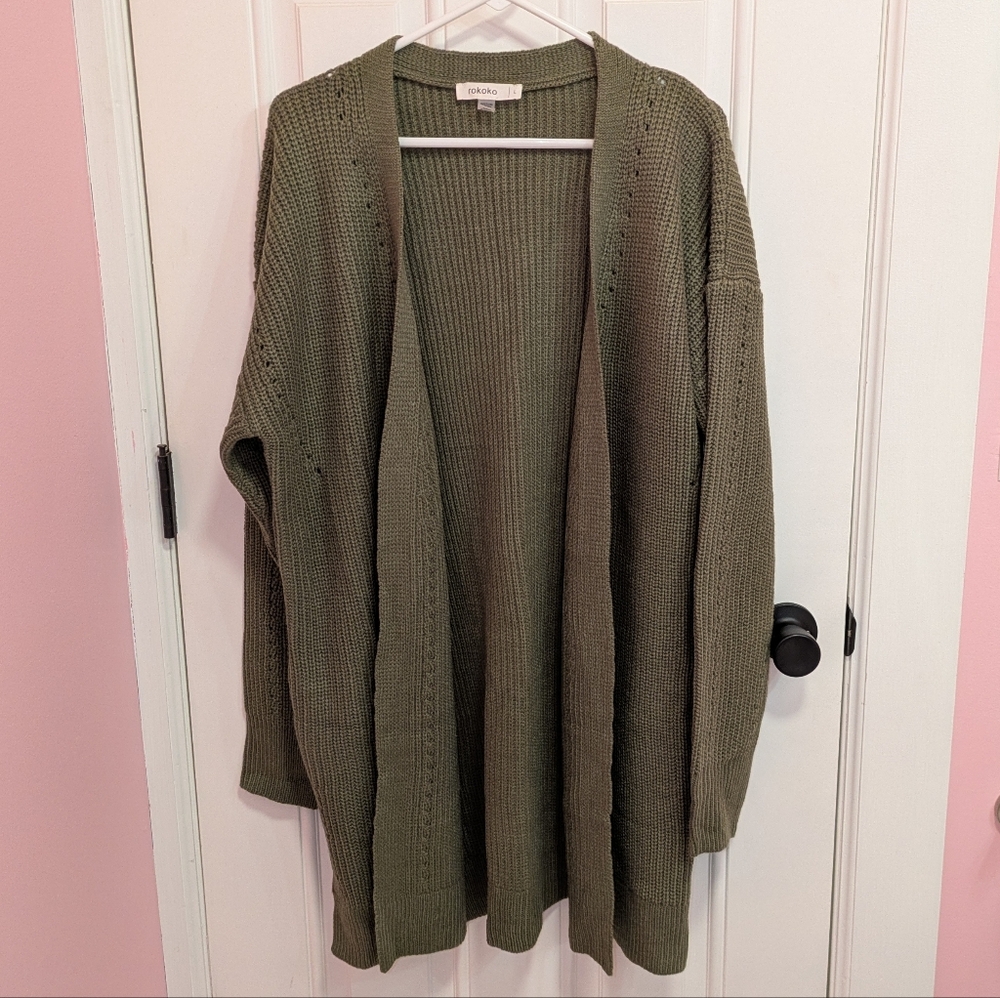 NWT Rokoko Large Olive Green Open Front Cardigan Sweater Pockets